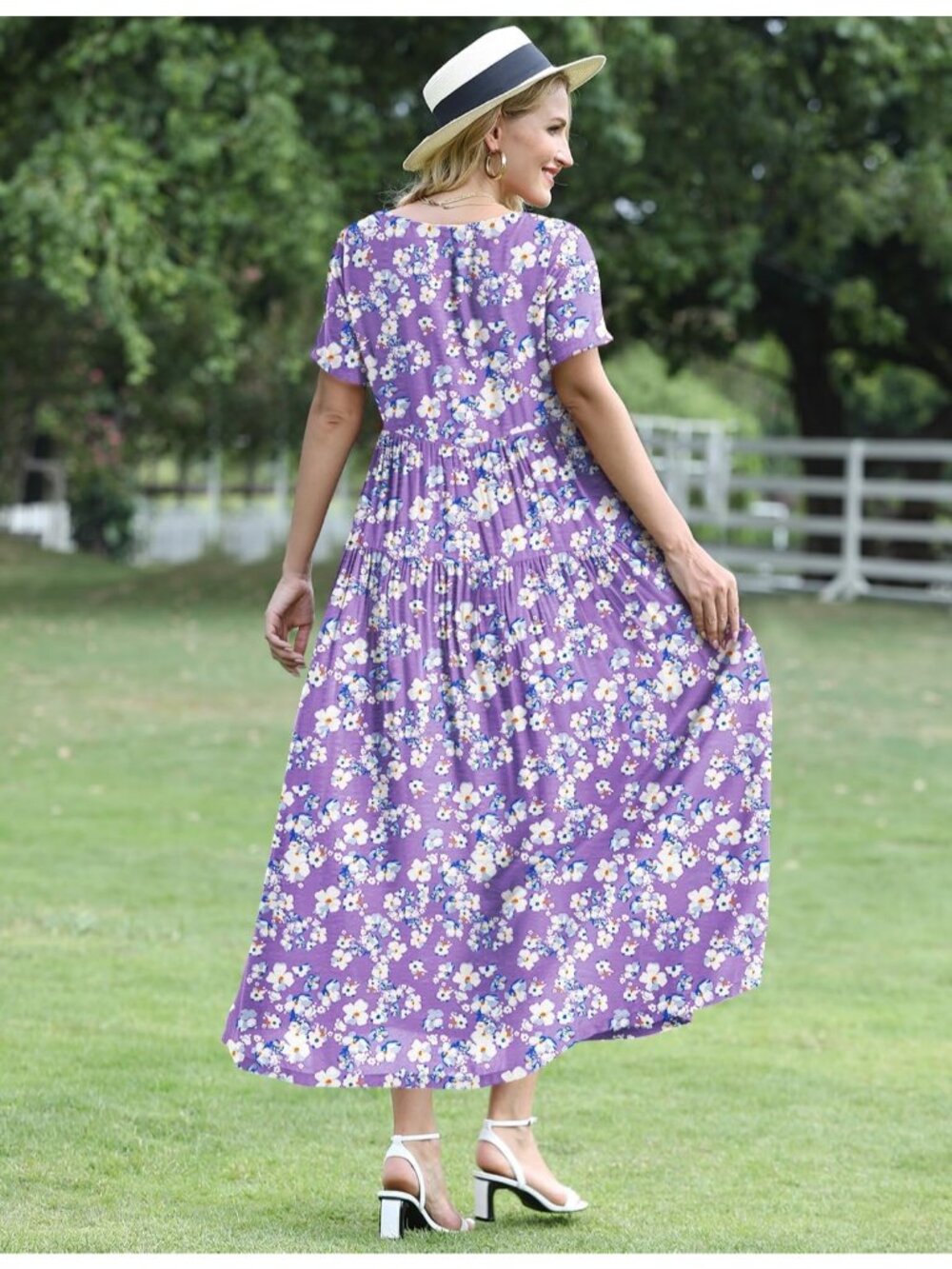 Women's Purple White Crew Neck Classic Short Sleeve Pull On Floral Maxi Dresses - Picture 4 of 4